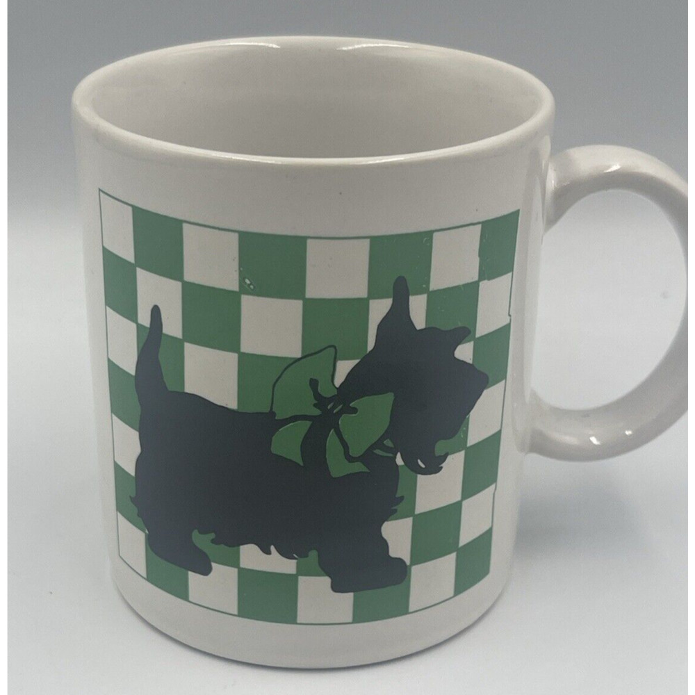 SCOTTIE Dog Coffee Mug Scottish Terrier White and Green Check Made in Japan